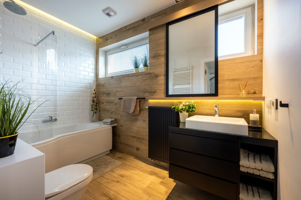 Small bathroom ideas with modern walk-in shower and space-saving vanity