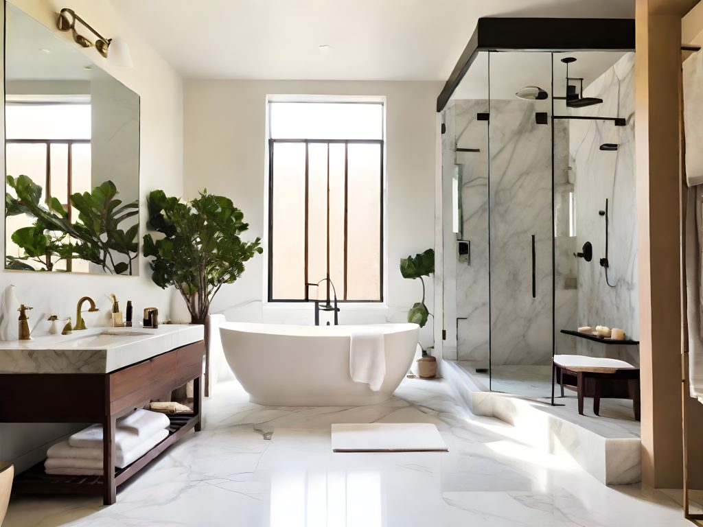Modern walk-in shower with frameless glass and built-in bench