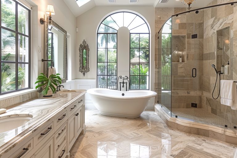 Spa-Inspired Elegance: Freestanding Soaking Tub & Walk-In Shower in a Luxurious Marble Bathroom
