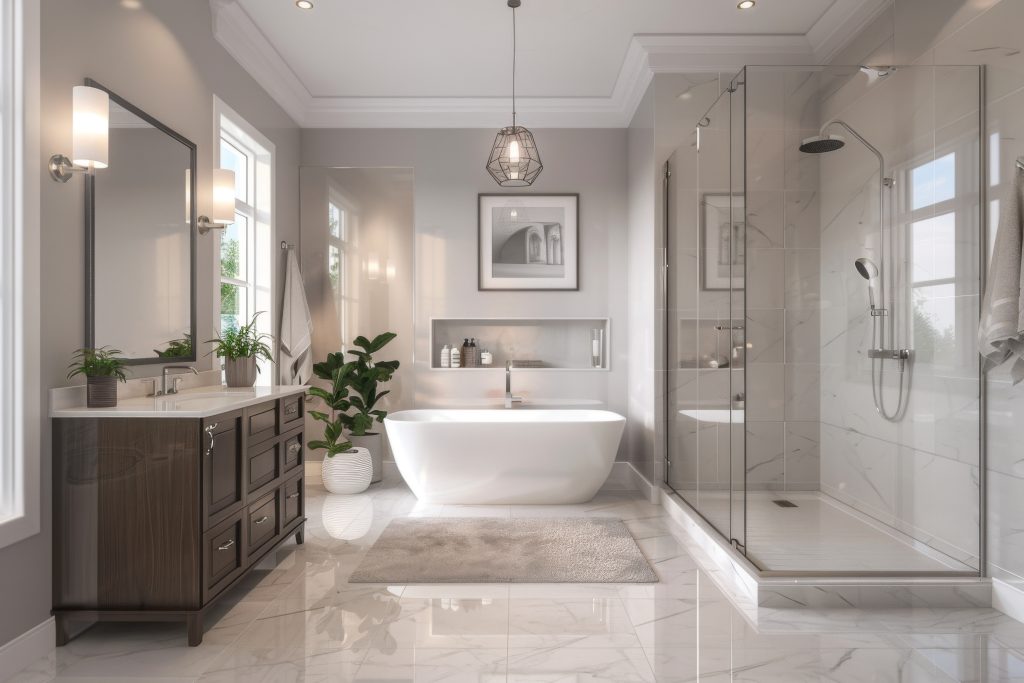 Modern walk-in shower with frameless glass and built-in bench