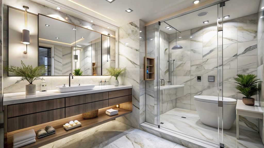 Spacious walk-in shower featuring tile walls and rainfall showerhead