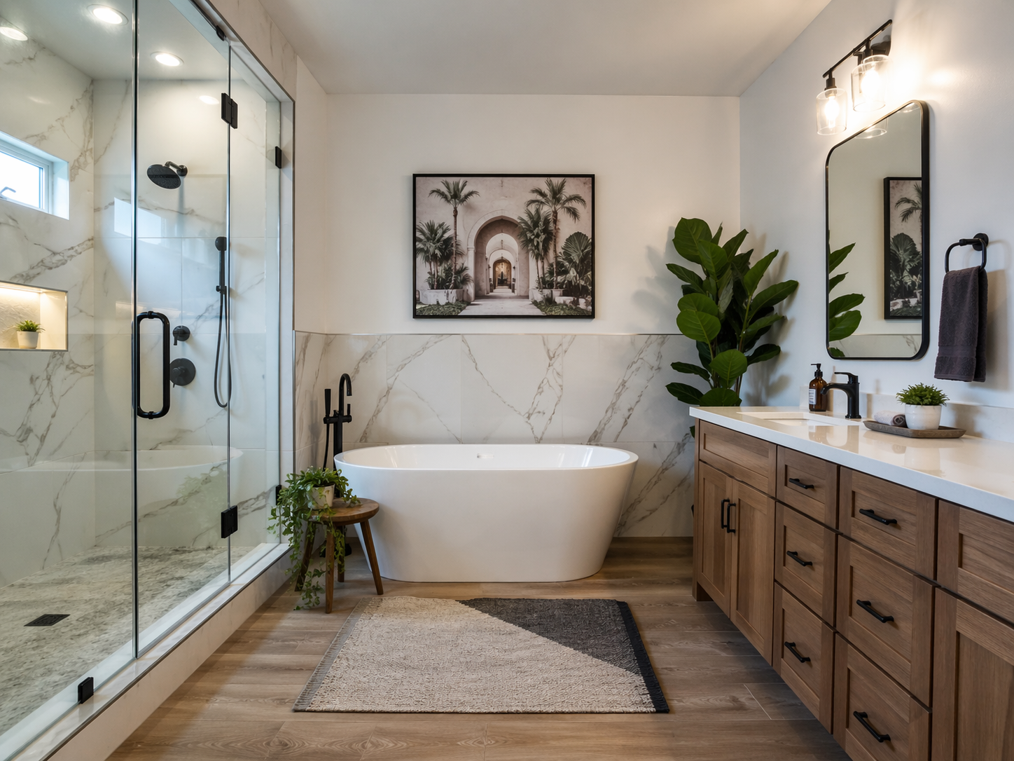 Full bathroom remodel in Nashua, NH with freestanding tub and modern fixtures