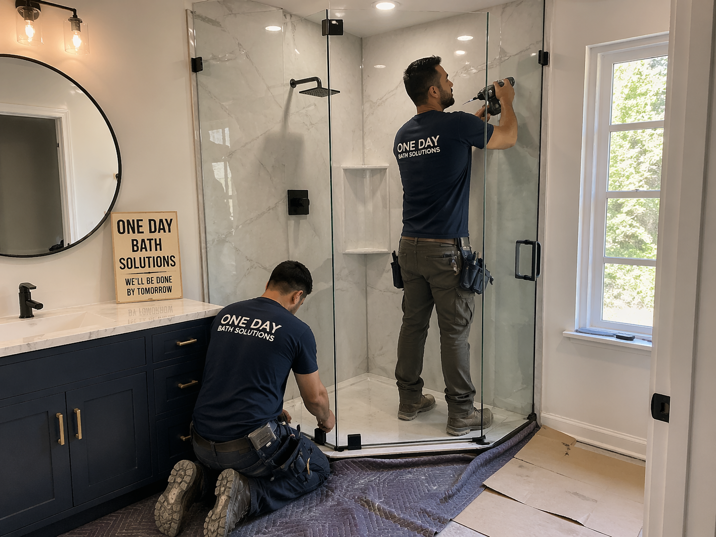 Five Star Baths installers completing a bathroom remodel in Nashua, NH