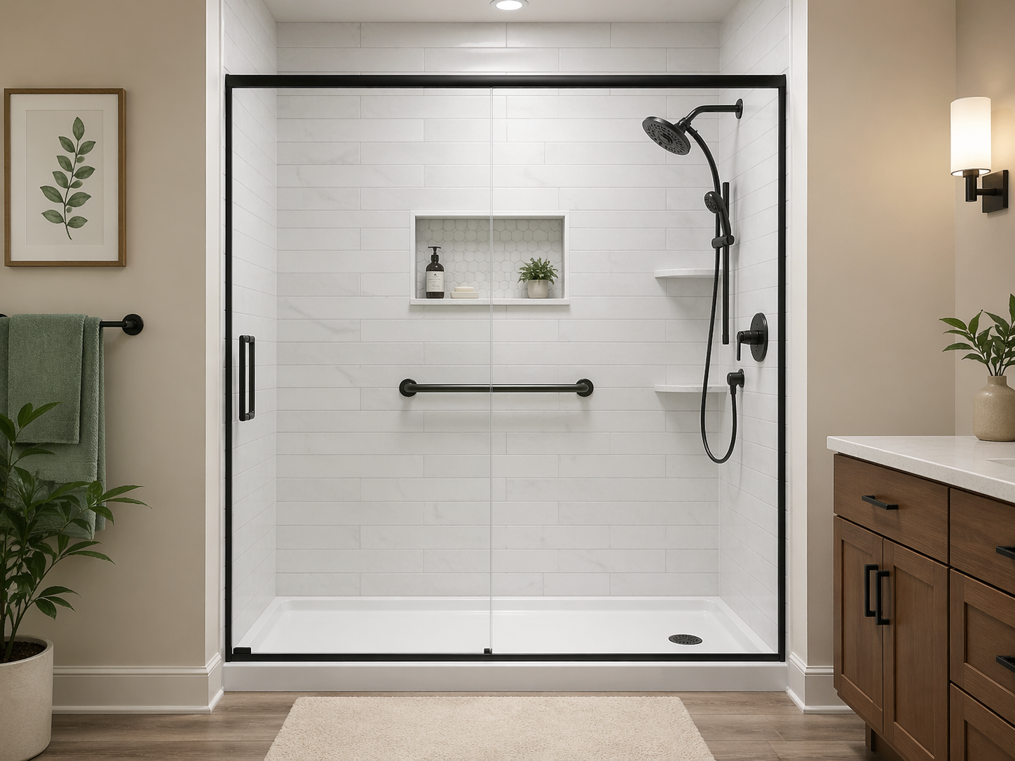 Walk-in shower installation in Nashua, NH with glass door and built-in bench
