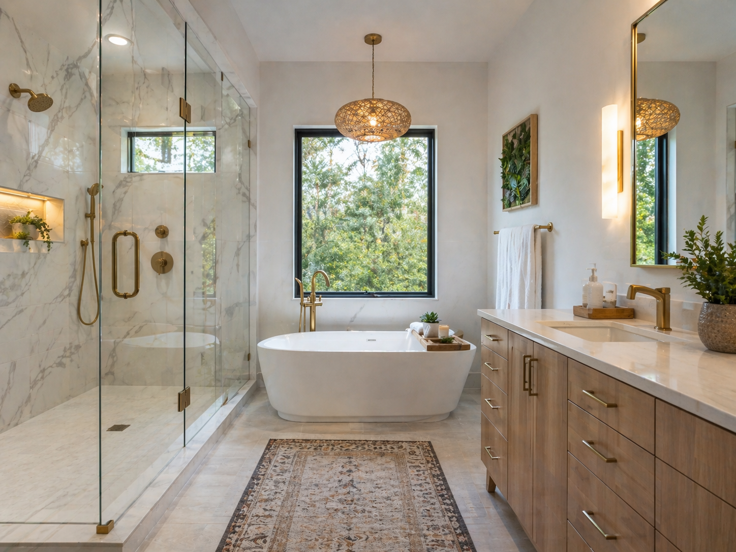 Custom bathroom remodel in Nashua, NH featuring freestanding tub and double vanity by Five Star Baths